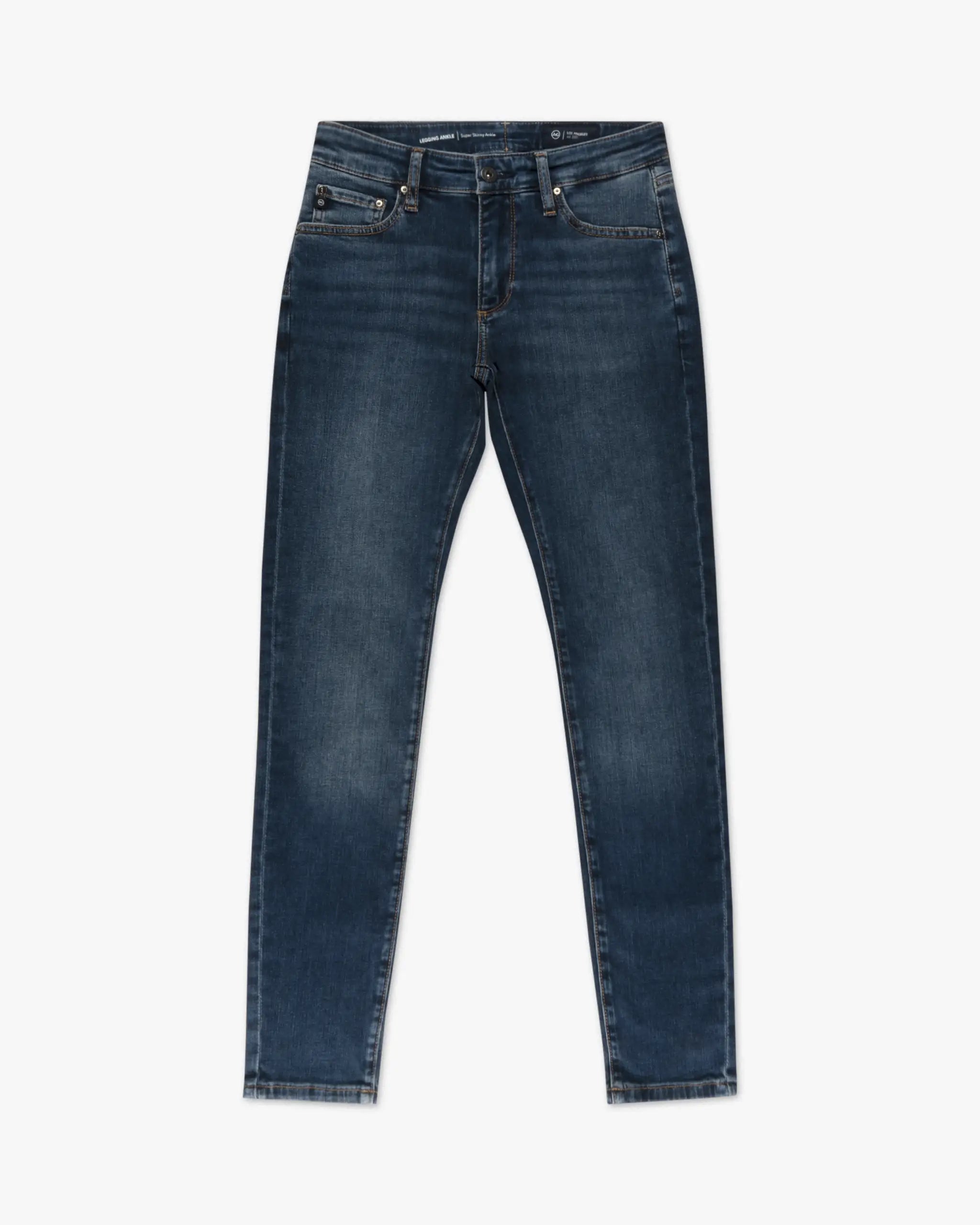 Dark-wash ankle-length denim leggings from AG Denim 