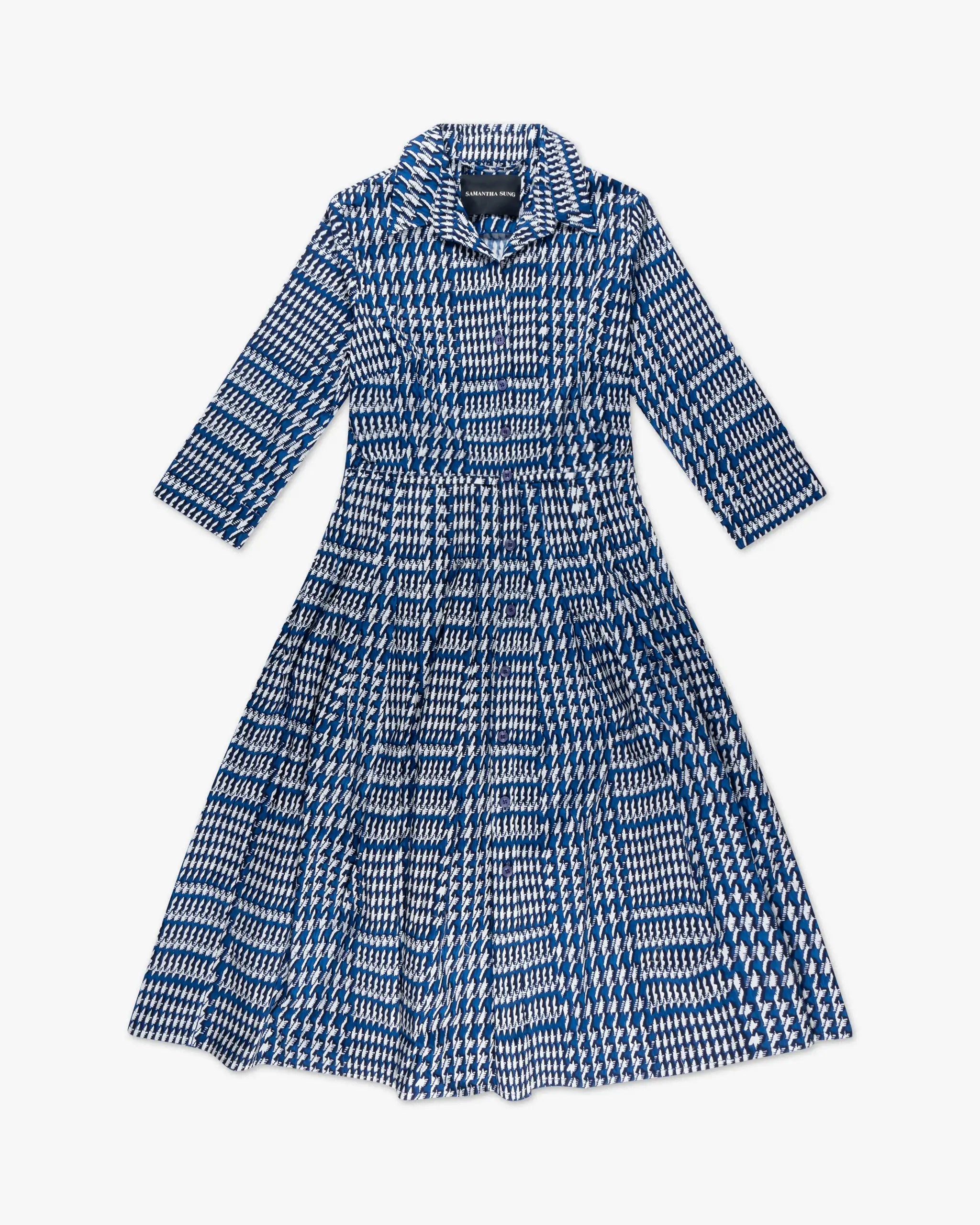 Weiß-blaues Linnen Glenplaid Solid aus Leinen Audrey Dress von Samantha Sung