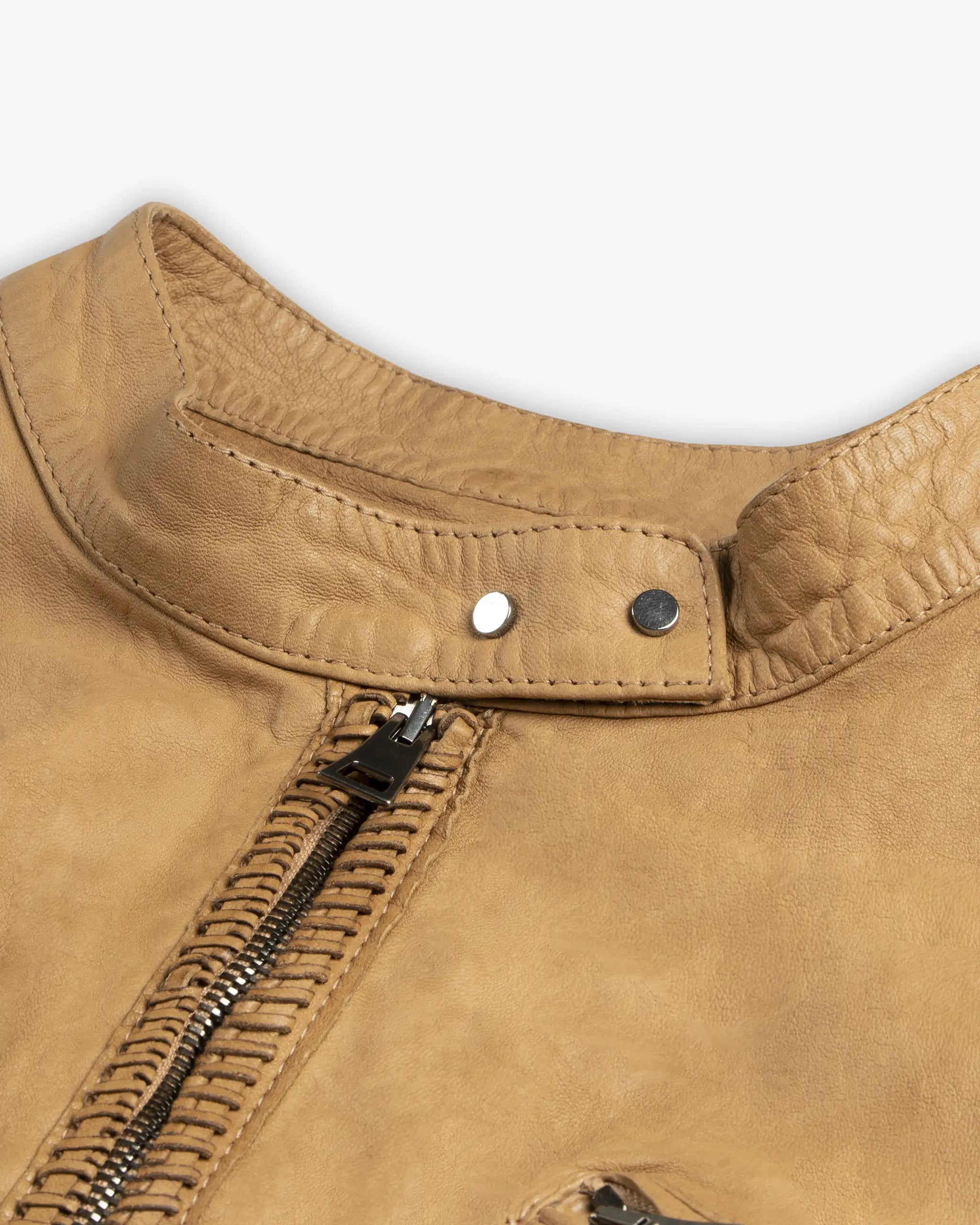 Camel colored vegetable dyed racer jacket with braided trim by Roncarati 