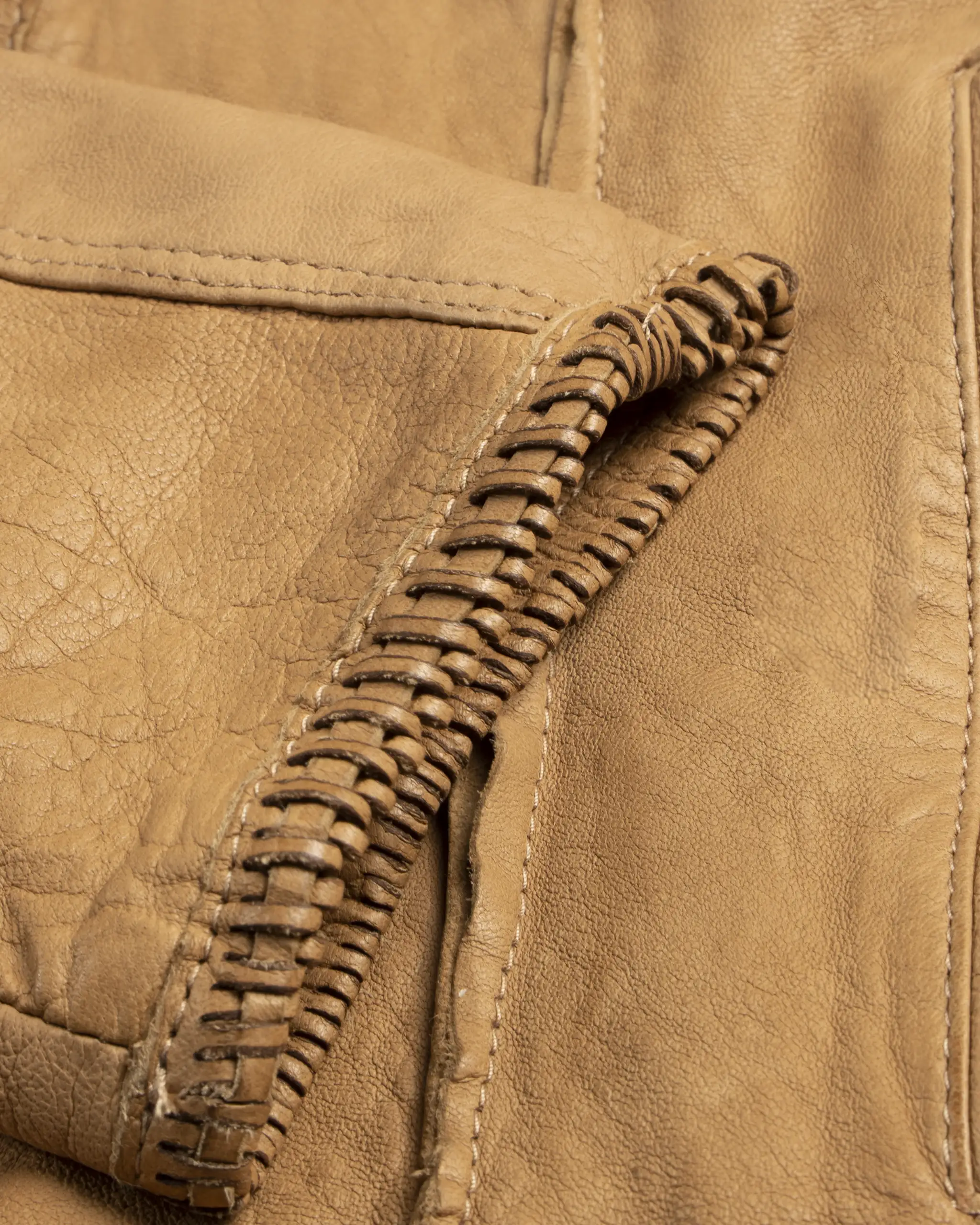 Camel colored vegetable dyed racer jacket with braided trim by Roncarati 