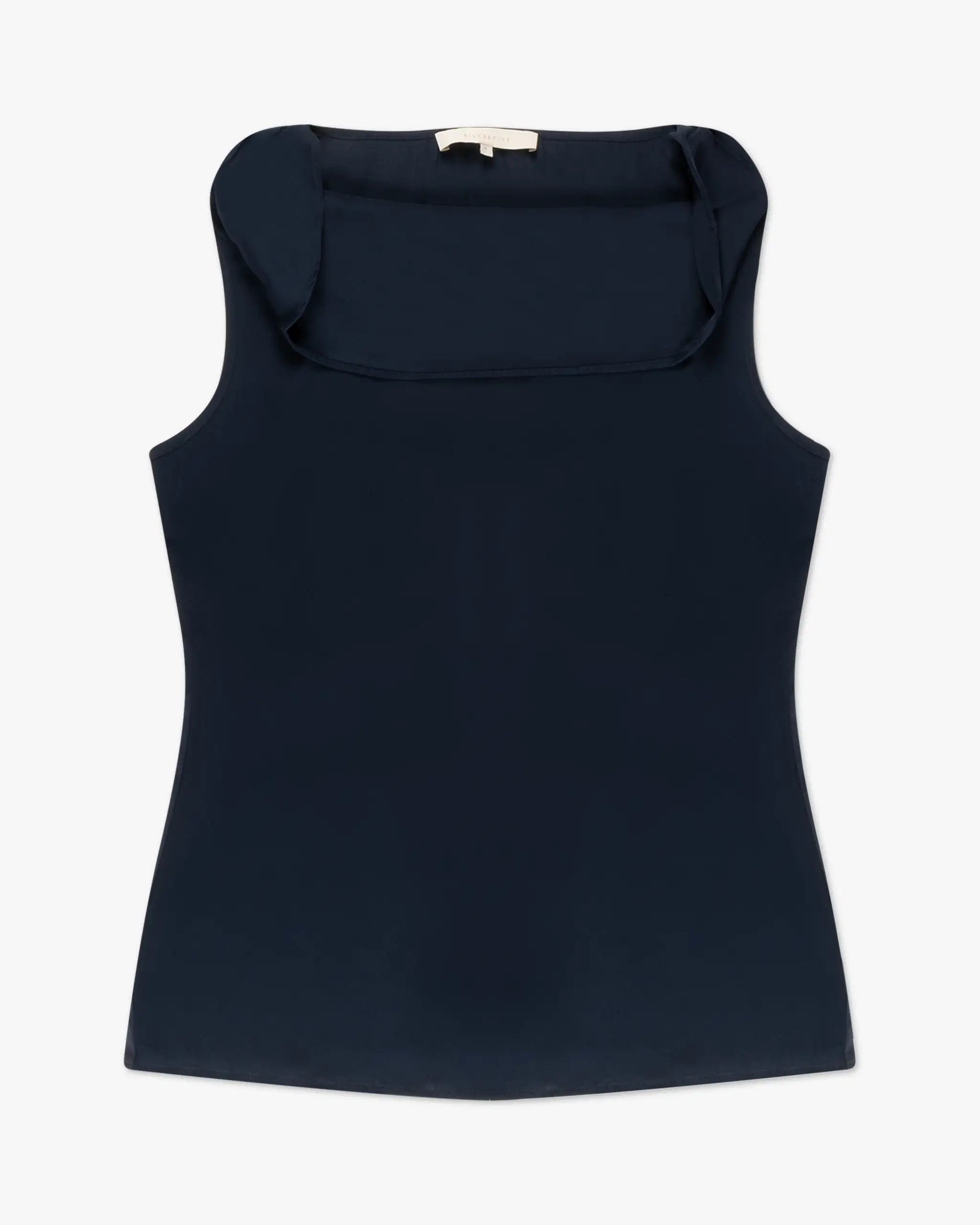 Navy blue silk top with stretch and waterfall neckline by Silk95 