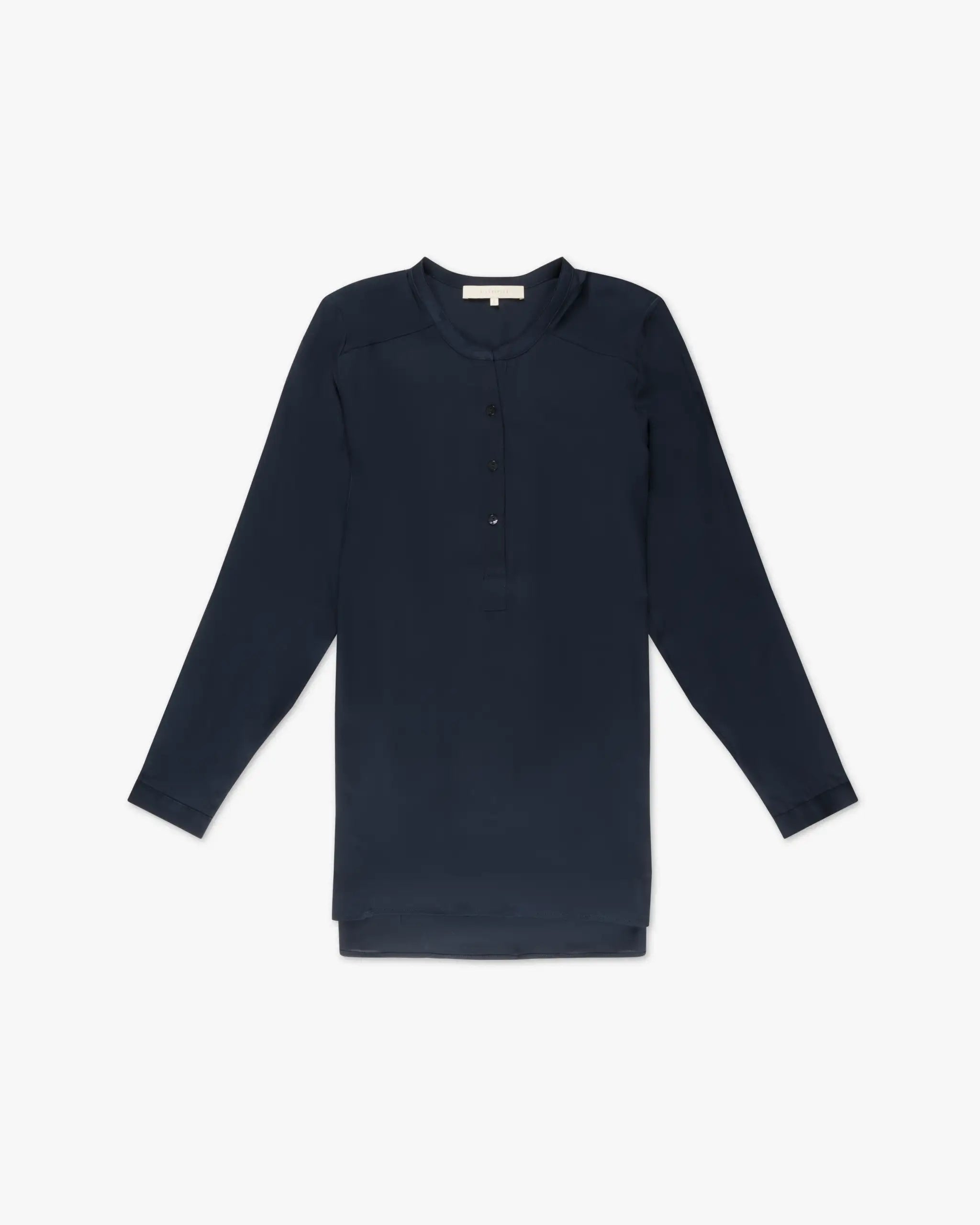 Navy blue silk collarless shirt from Silk95 