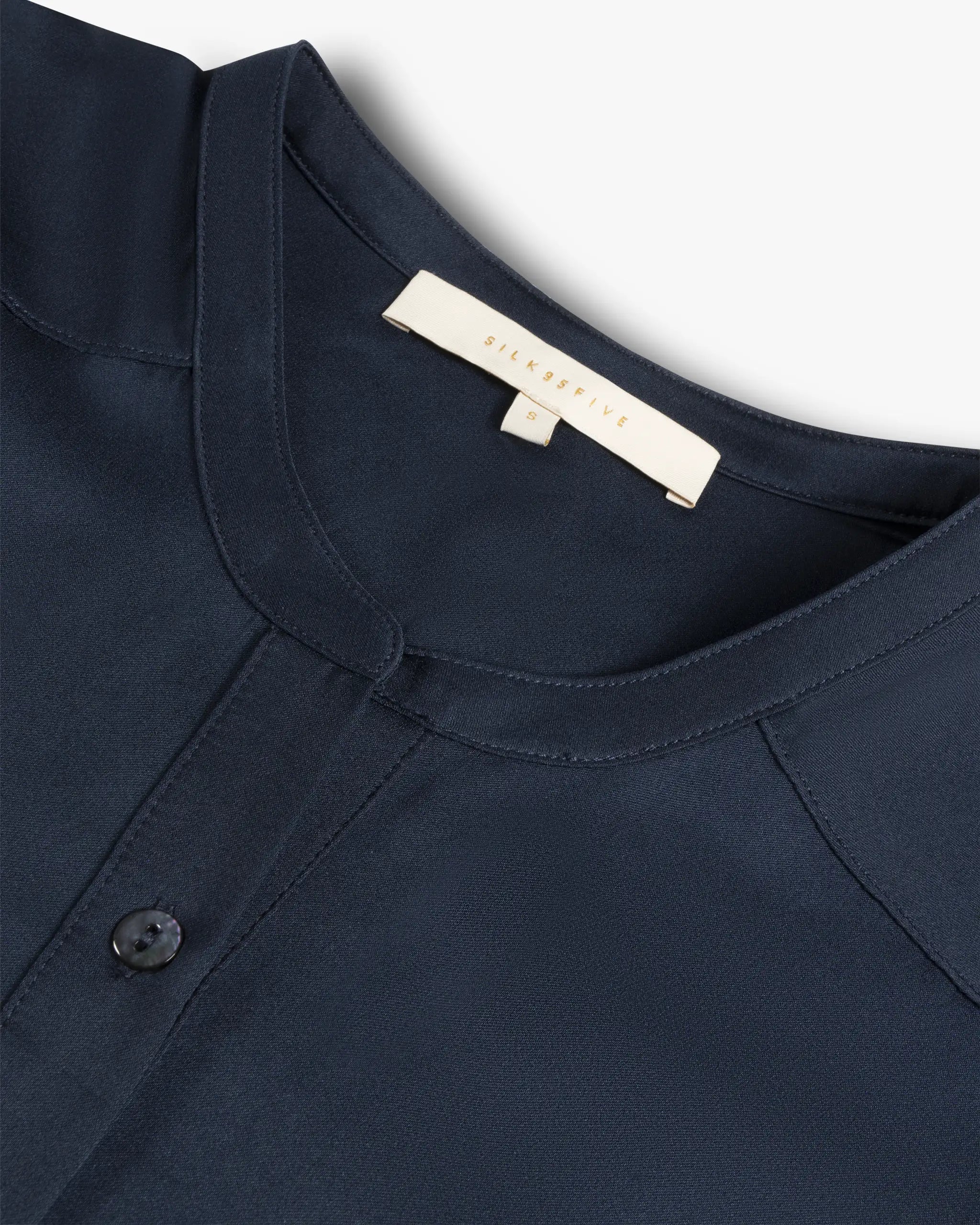 Navy blue silk collarless shirt from Silk95 