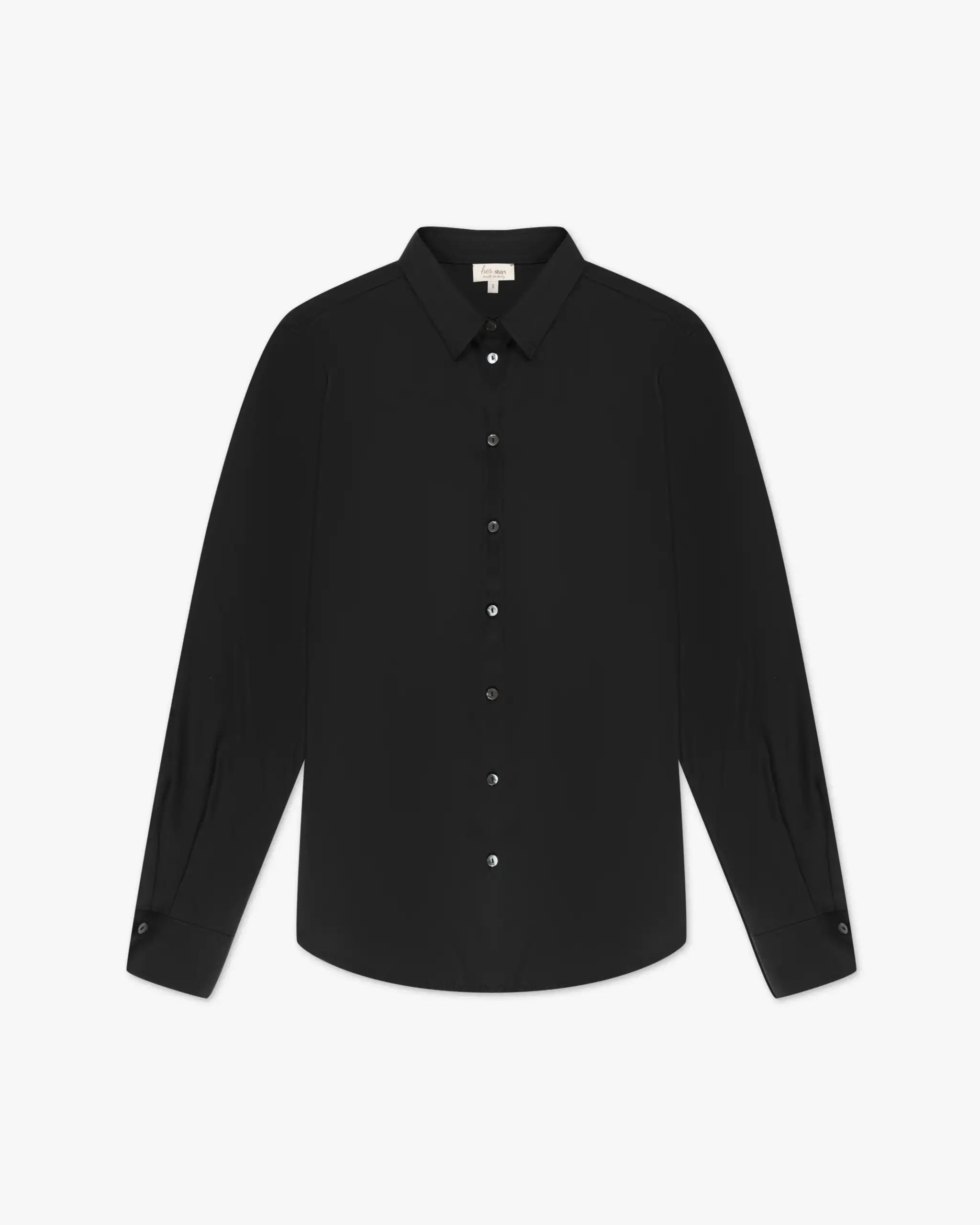 Black tailored lefthand blouse made of silk stretch satin by Her Shirt 