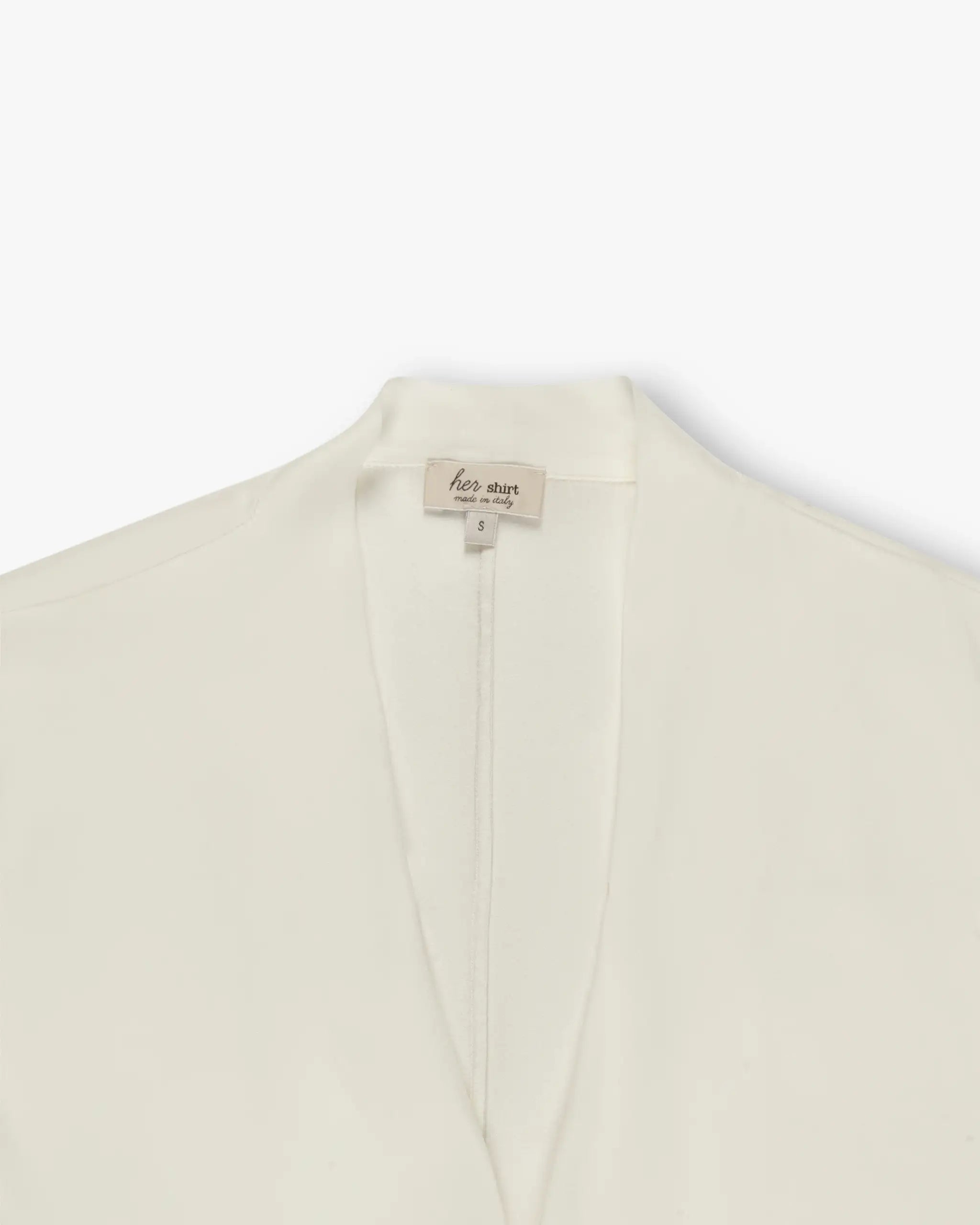 Cream white oversized left hand silk satin stretch V shirt by Her Shirt