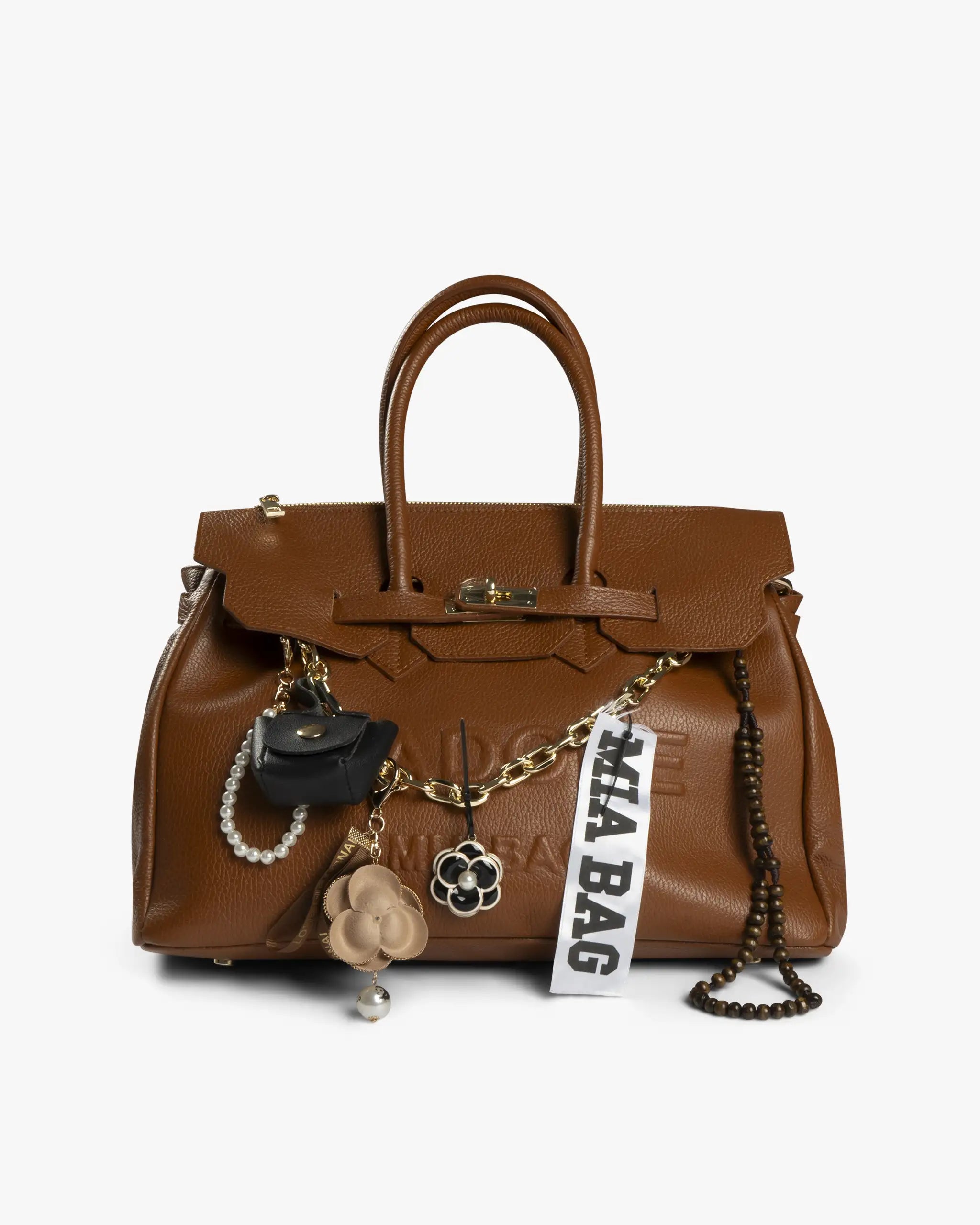 Cognac-Golden Kelly Bag made of leather with decoration by Mia Bag 