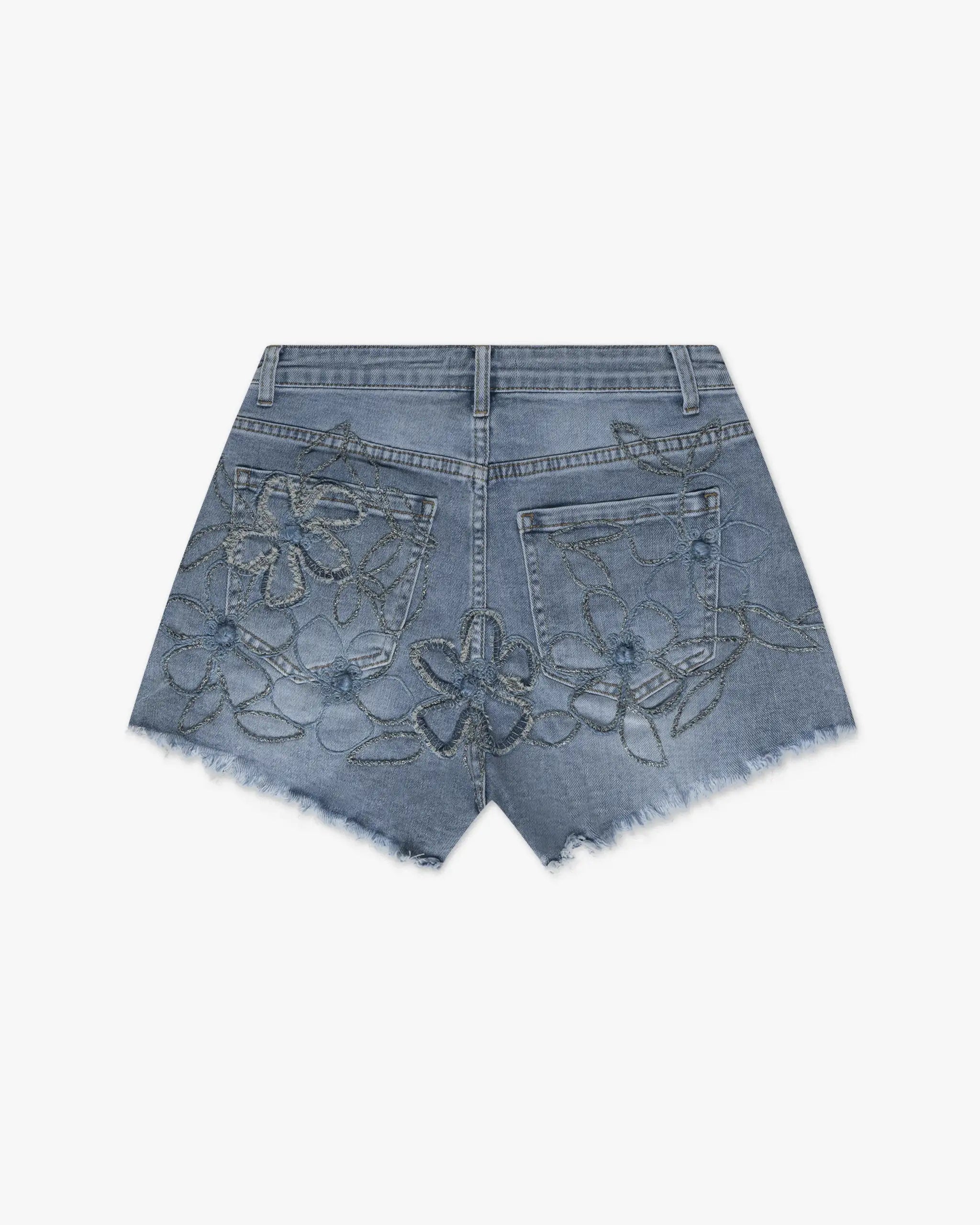 Blau-Denimfarbene Blumenbestickte Stretch-Denim-Hotpants von MR 61