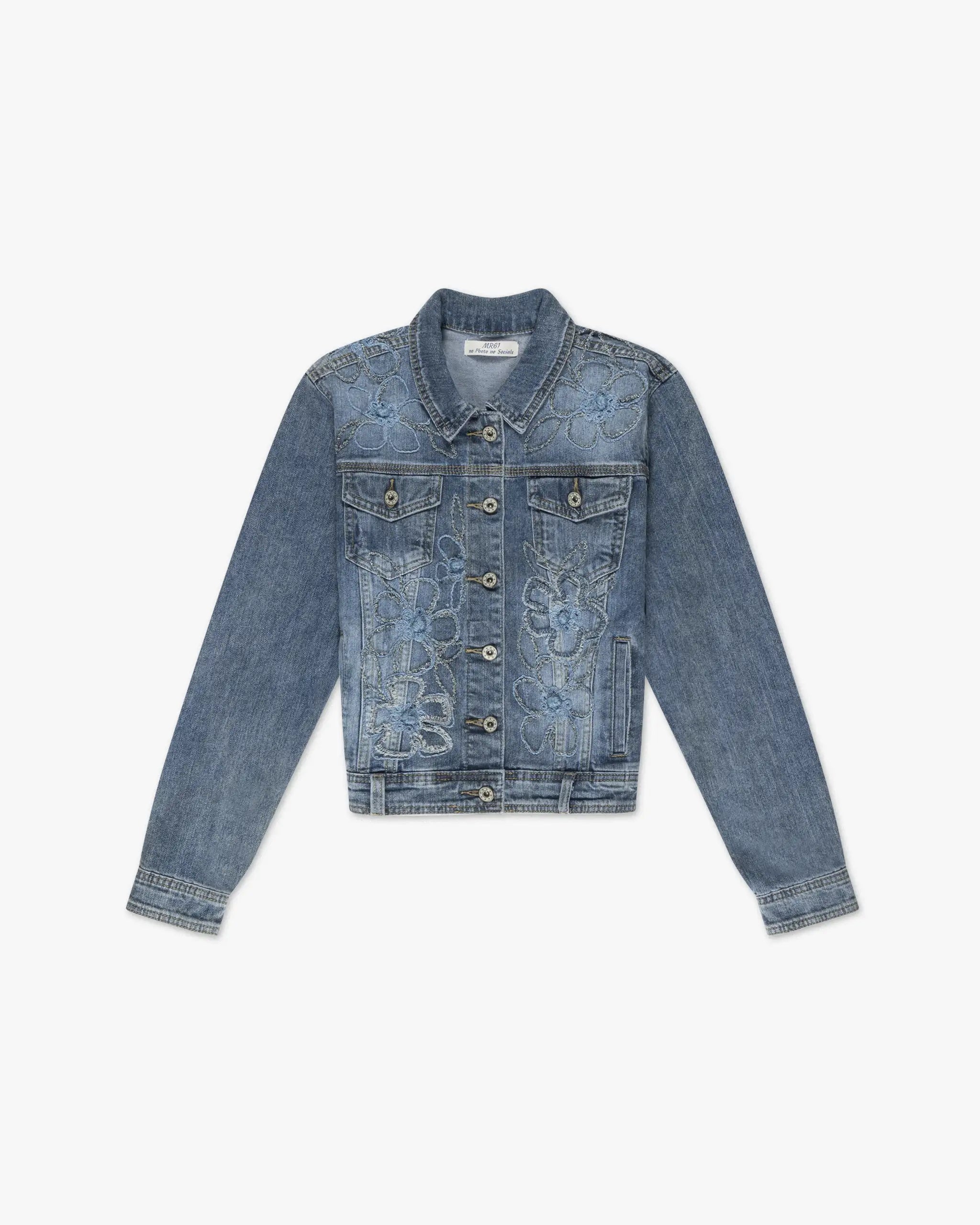 Blau-Denimfarbene Blumenbestickte Stretch-Denim-Jacke von MR 61