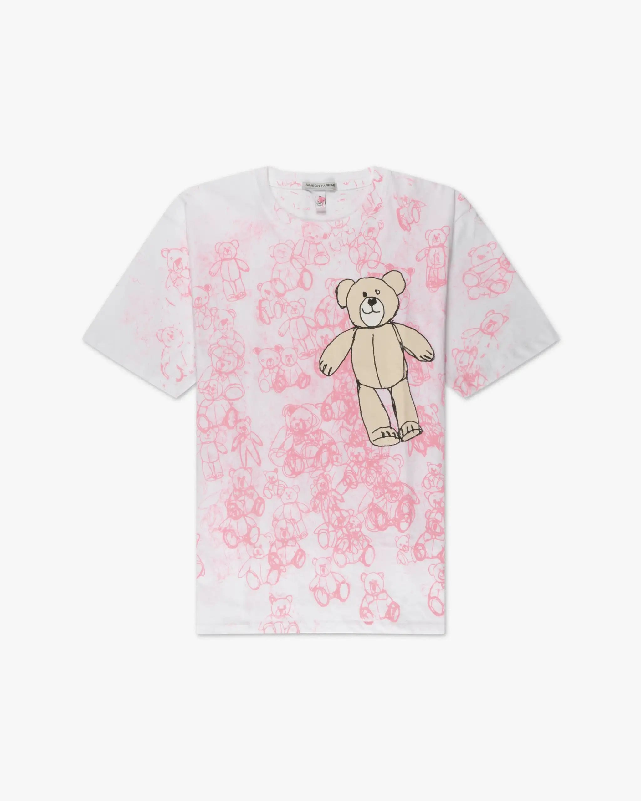 White classic round neck t-shirt with teddy motif by Simeon Farrar 