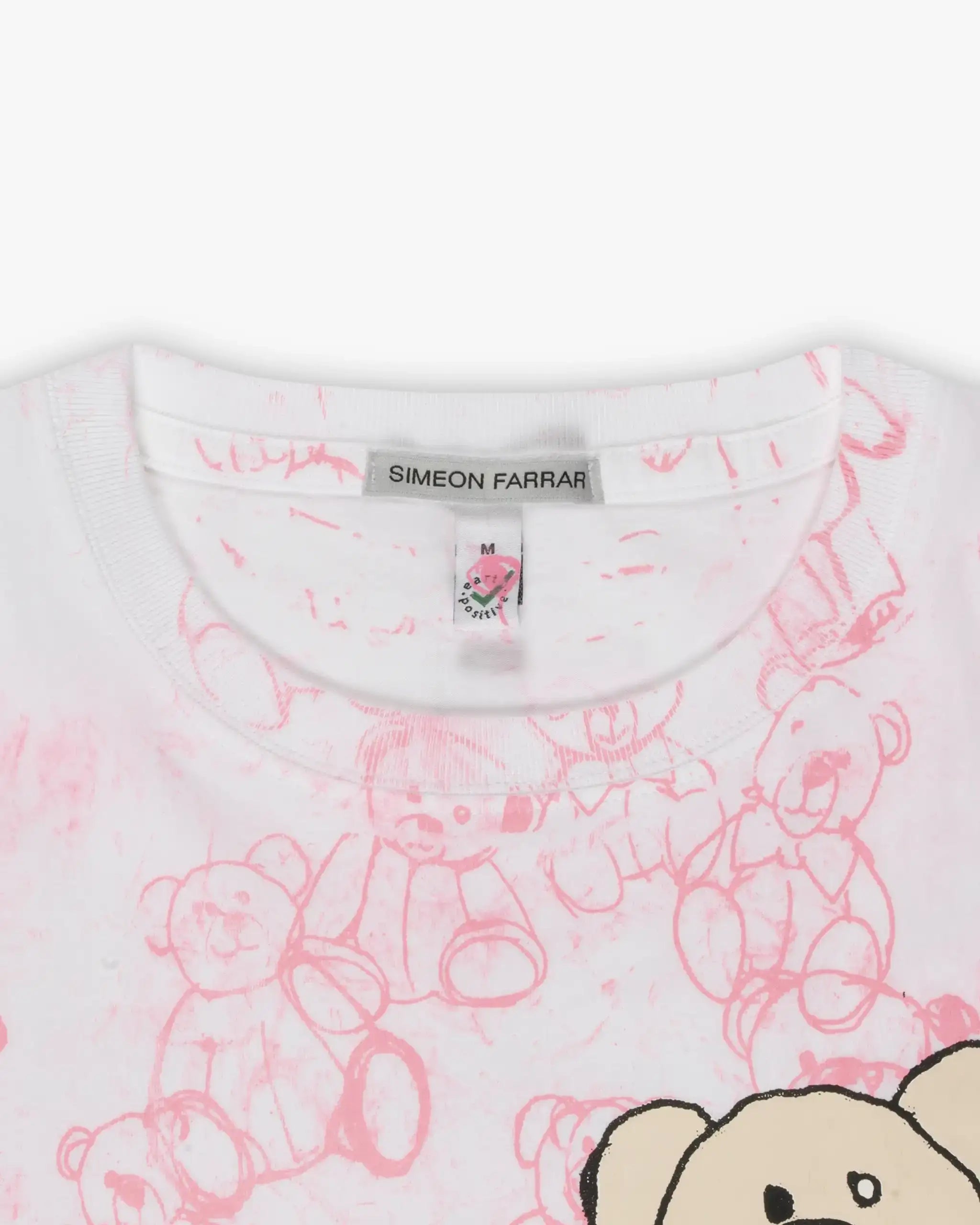 White classic round neck t-shirt with teddy motif by Simeon Farrar 