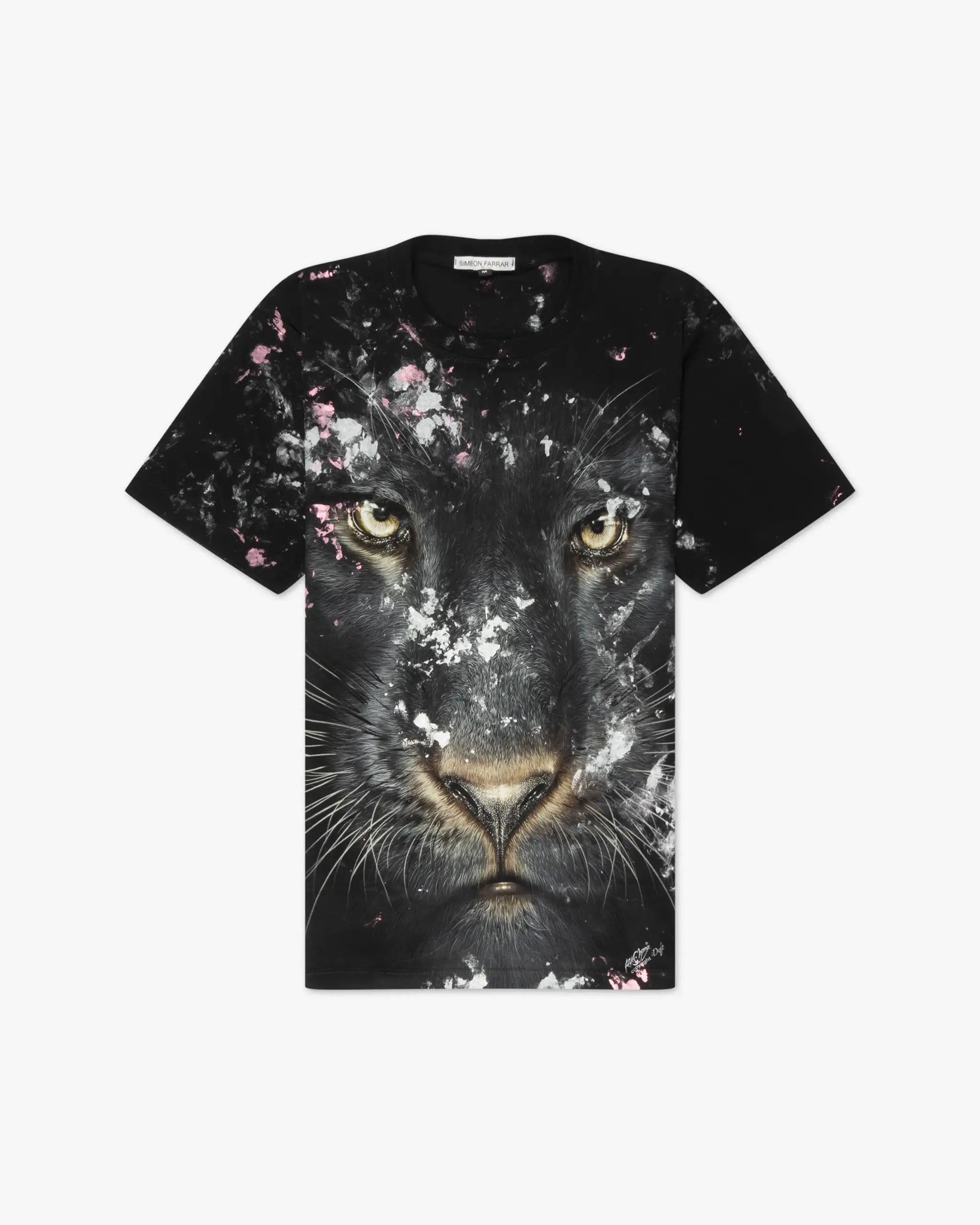 Black classic T-shirt with panther motif and color details by Simeon Farrar 