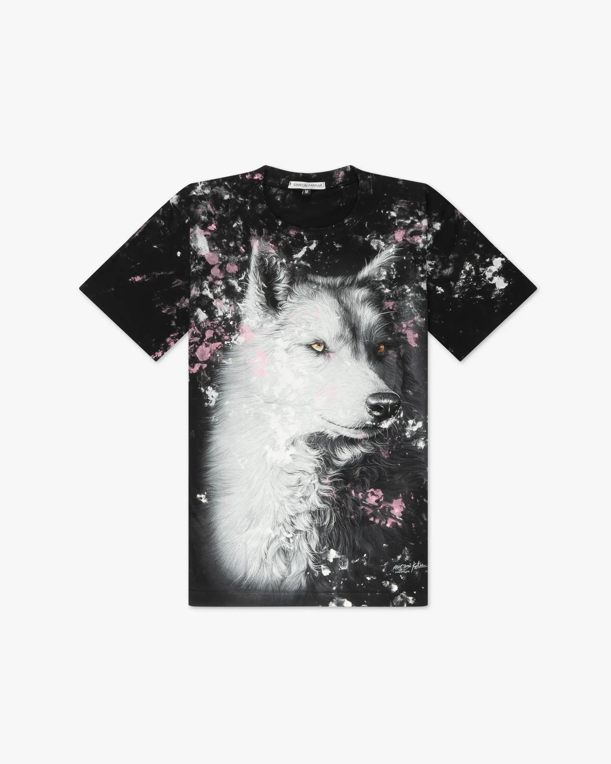 Black classic t-shirt with wolf motif and color details by Simeon Farrar